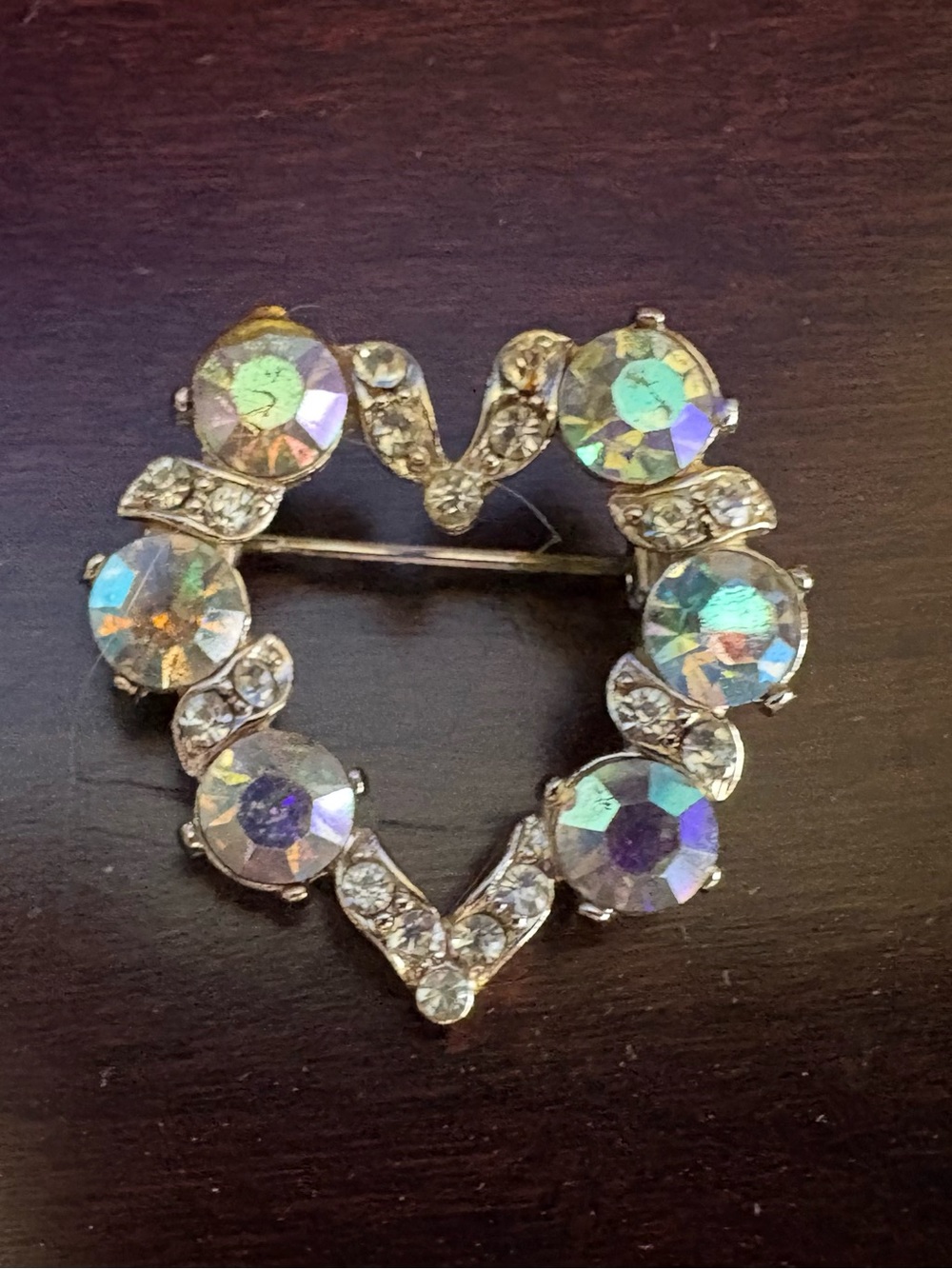 Vintage Aurora Crystal Heart Pin Brooch - Iridescent Gold Tone